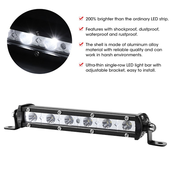7 tommers 18W 6LED 6000K Hvit Arbeidslys IP67 Ultra Tynn Lampe Bar Stripe for Offroad Skip Auto