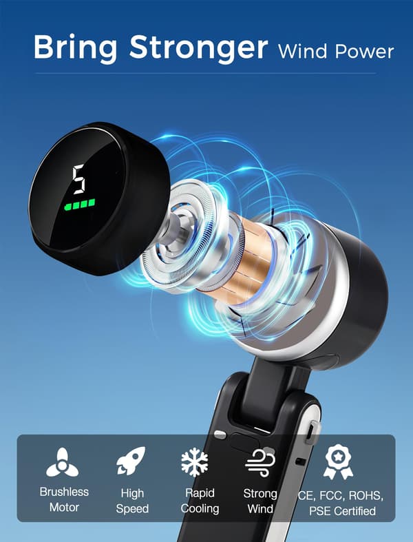 Håndholdt ventilator, 5 hastigheder, 3600mAh, genopladelig, foldbar, sort black