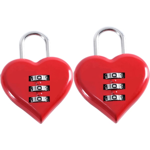 2 sydämenmuotoisen riippulukon set numerokoodilla - punainen - pieni 3-numeroinen yhdistelmälukko - matkalaukkuihin, kaappeihin, kaappeihin, reppuihin