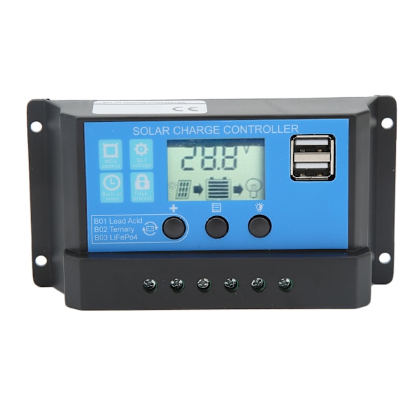 Solcelleladningsregulator med LCD Dobbel USB Industriell Hovedbrikke Solcellepanel Regulator for Gatebelysning 12V 24V 30A