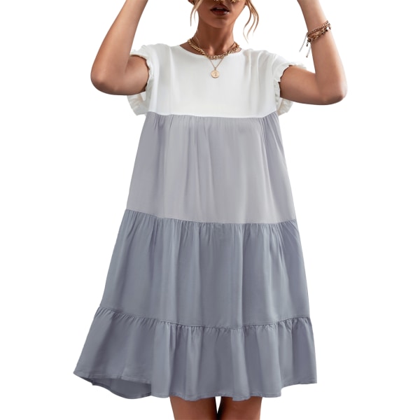Kontrastivärinen liitosmekko Klassinen yksiosainen mekko röyhelöillä hihansuilla Konepestävä kesäharmaalle L