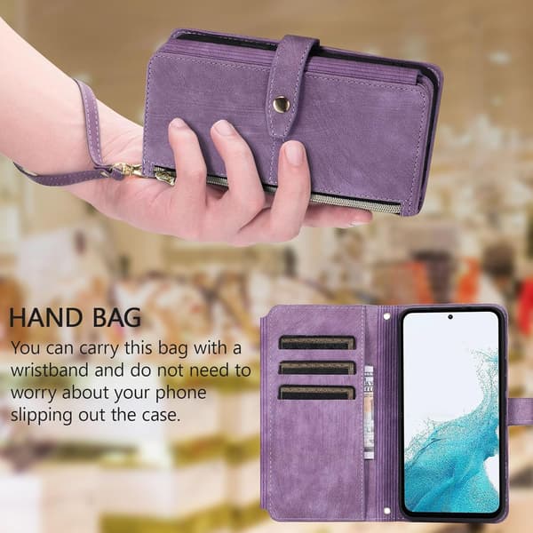 Samsung Galaxy S24 Plus, Kortfack Retro Läderplånbok Stötsäkert Flipfodral med Handrem Kortfack Dragkedja Ficka - Lila