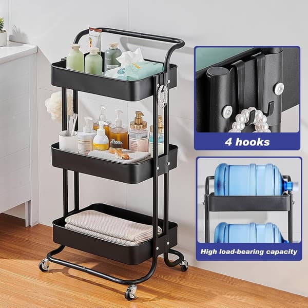 Kitchen Trolley Kitchen Shelf, with Handle and Lockable Wheels, Suitable for Bathroom and Kitchen, Black