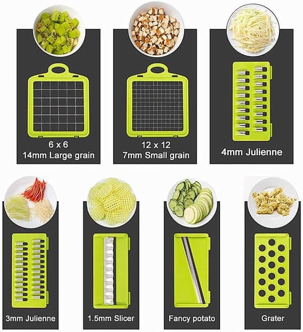 Grønnsaks- og mathakker, multifunksjonell med utskiftbare blad, ostestrimler, tomat, fruktsalat
