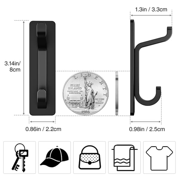 Självhäftande väggkrokar, borrfria väggfästen, vatten- och rostbeständiga, svarta, 4-pack