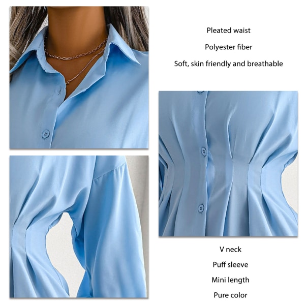 Mini skjortekjole Polyesterfiber Plisseret talje asymmetrisk reverskrave Button Down-kjole Blå M