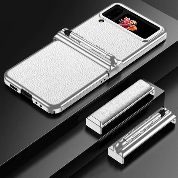 Plating Case Compatible With Samsung Galaxy Z Flip 4, Hard PC+Smooth Leather Shockproof Case With Hinge & Pen