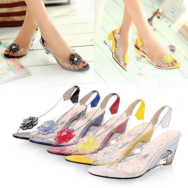 Transparente Rhinestone Wedge Heel Sandaler med Studded Flower Design - Stilfulde Dame Casual Sko37 Blå