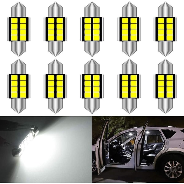 10-pack vitt ljus Canbus felfria LED-lampor för interiör, kupol, karta, dörr, bagagerum - 31 mm DE3175 DE3021 C5W-lampor