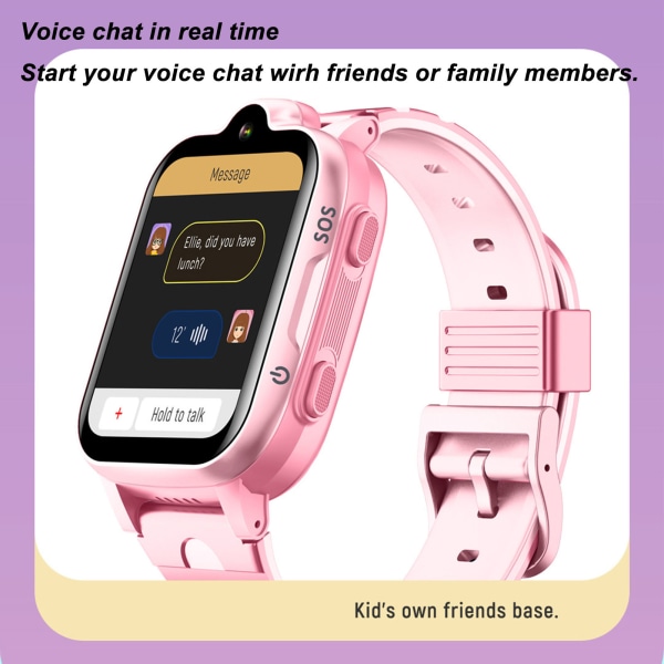 4G Kids Smart Watch GPS Posisjon Videosamtale IP67 Vanntett Touch Screen Smartwatch Engelsk Rosa Pink