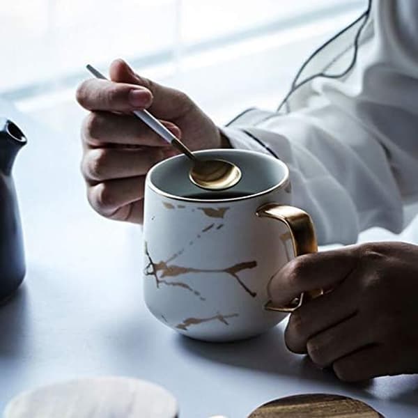Porslinste- och muggset för Afternoon Tea - Marmormönster (Vit, Hög 400ml + Trälåck)