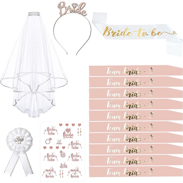 15-delers utdrikningslagstilbehørssett med brudebind, brudeslør, brudeslør, merke og tiara-pannebånd