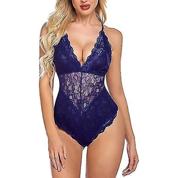 Sexy Lace Deep V Snap Crotch Bodysuit for Women XL Blue