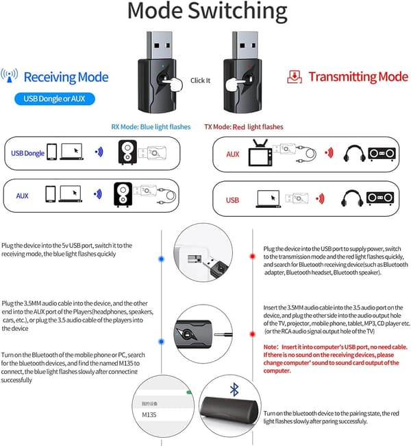USB Bluetooth 5.0-adapter, USB Bluetooth-lydsender 5.0-mottaker Bluetooth-adapter med 3,5 mm lydkabel for PC/TV/bil/høyttaler/MP3/hodetelefoner