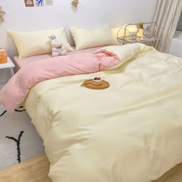 Enfärgad lakan Quilt Cover Pillow Cover Varm Andningsbar Tvättat Bomull Sänglakan Set Creamy Rosa 1,5m Fyra Delar Set