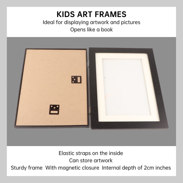 Børnekunstrammer A4 frontåbning Udskiftelig brudsikker billedskærmramme til tegninger Skolearbejde Sort Black