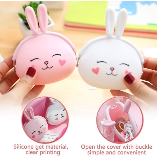 2 set Rabbit silikonista valmistettua kolikkokukkaroa (vaaleanpunainen, valkoinen) Pienet sarjakuvakukkarot tytöille syntymäpäiväjuhliin