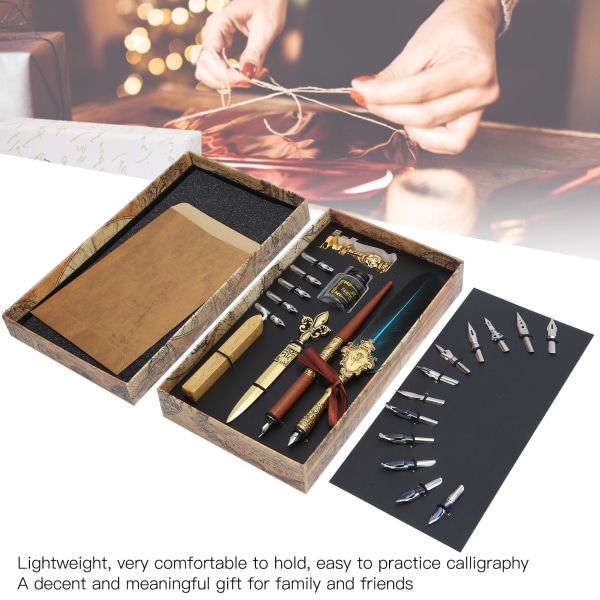 Fjäder Pen Set Kalligrafi Skriva Teckning Quill Dip Kit Vintage Art Craft CollectionSP248011R Lake Blue