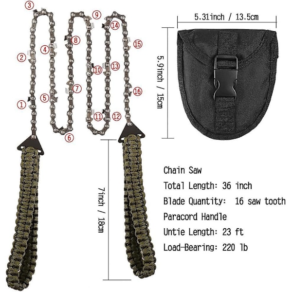 Bærbar sammenleggbar lommekjedesag - 36 tommer - Rask kutting av tre og trær - Overlevelsesutstyr for camping, backpacking og fotturer