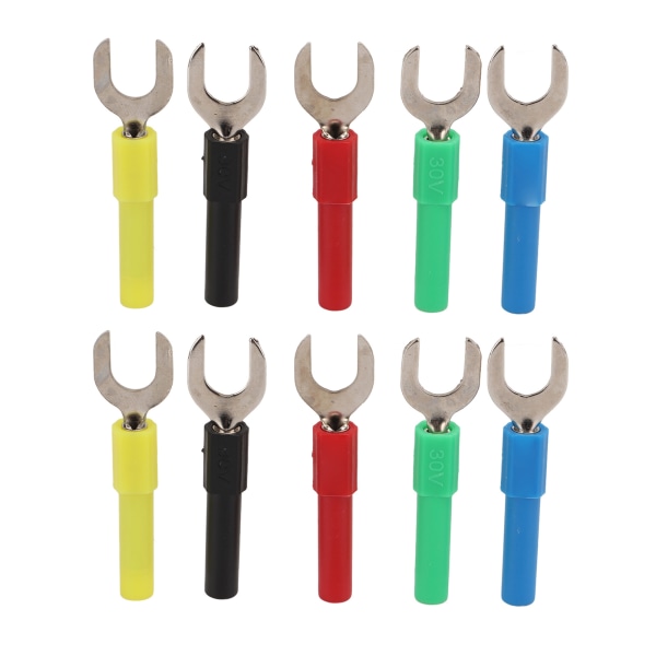 10 stk gaffel spade ledningskontakter 5 farger 8 mm/0,3 tommer avstand U Type 4 mm/0,2 tommer hale Banana Jack Hunn Adapter for test