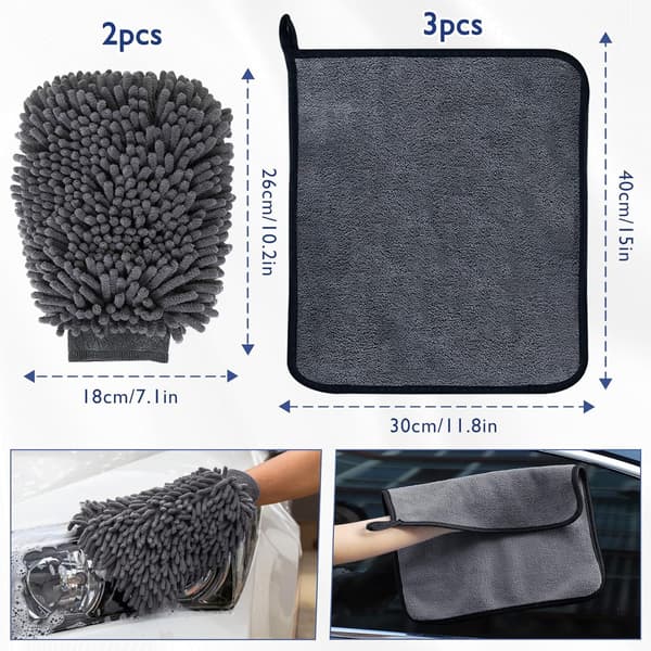 Bilrengöringskit 3-pack Mikrofiber Bilduk & 2-pack Mikrofiber Biltvättshandske