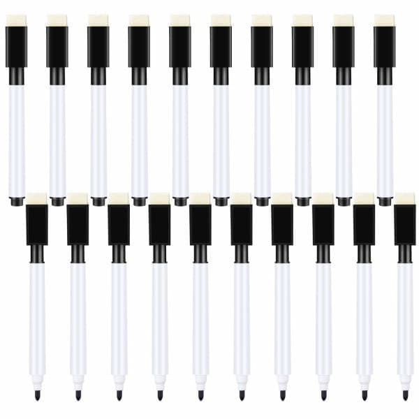 20 små whiteboardpenne - sorte whiteboardpenne med viskelæder, fin spids, whiteboardpenne til børn (sort)