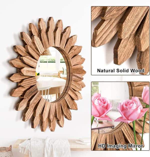 Väggspegel - 30cm - Liten Rustik Träspegel - Solstråle Boho - Bohemisk Väggdekor - Väggdekor - Rustik Brun