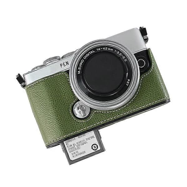 q4S Camera Case for Olympus PEN E-P7 Textured Leather Bottom Case g5V Easy Battery Replacement - Khaki