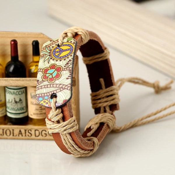Flettet okselæderarmbånd med snor, vintage design, jule-, ferie- eller fødselsdagsgave, læderarmbånd med fredstegn