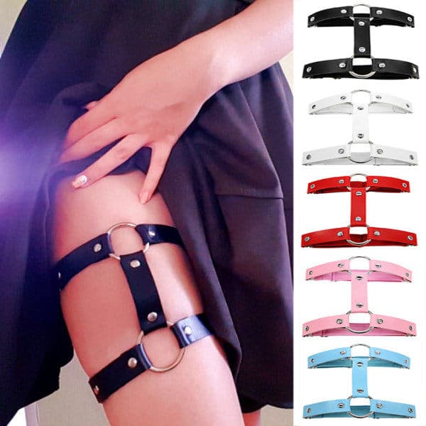 1 par elastisk 2-rads lær benharnisk strømpebånd, punk gotisk lårring, svart