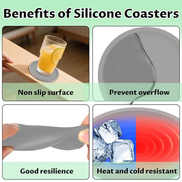 Grå coasters, sett med 8 runde silikon drikke coasters. Sklisikre koppmatter for kaffe, øl, vinglass og flasker. (Grå) grey