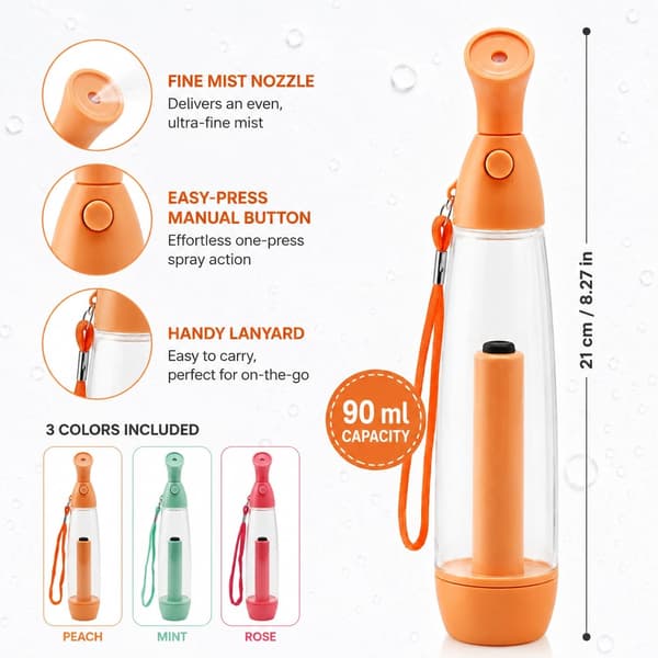 En uppsättning med 3 bärbara plastsprayflaskor – perfekt för stranden, resor och varmt väder.