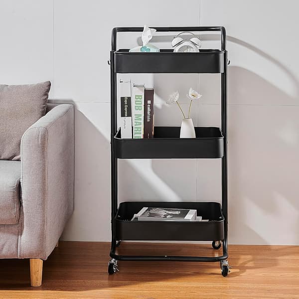Kitchen Trolley Kitchen Shelf, with Handle and Lockable Wheels, Suitable for Bathroom and Kitchen, Black