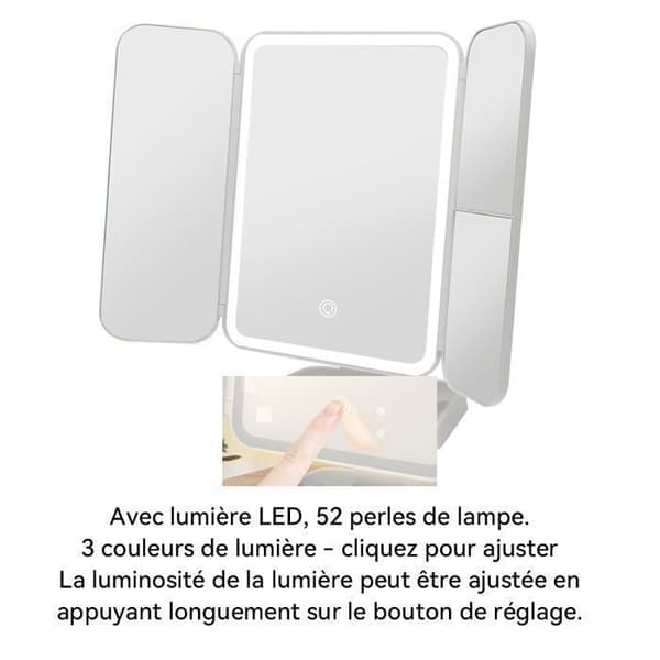 Makeup-spejl - Triptyk - 52 LED'er - 2X/3X forstørrelse - 3-farvet dæmpbart lys