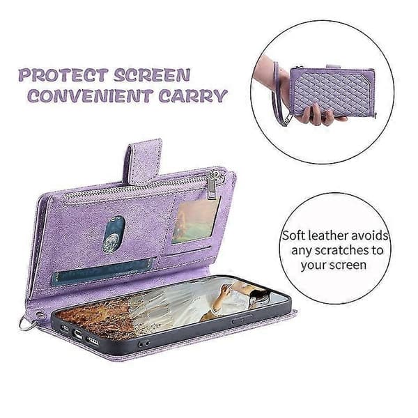Wallet Case Compatible With iPhone 14 Pro Max/14 Pro, Rhombus PU Leather + Soft TPU Frame Protection With Lanyard