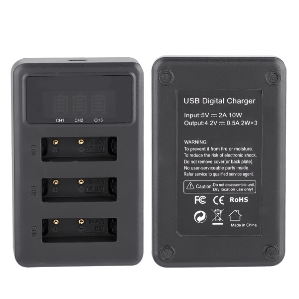 Actionkamera Batterilader 3 spor USB Lading Svart Tilbehør til Sony NP-BX1