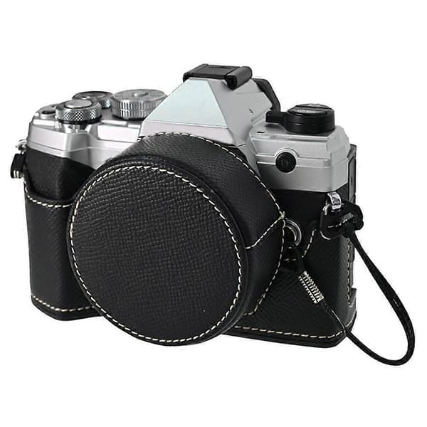 For Olympus OM-5 Camera Case Half-Wrapped Leather Bottom with Lens Cap - Black