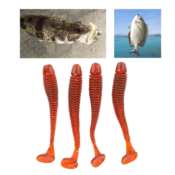 50st 5cm Mjuka Plastfiskedrag T-tail Grub Mask Beten Fisketillbehör Röd