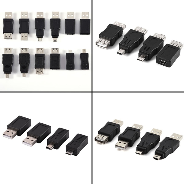 12-pakkaiset USB2.0-sovittimet: Micro/Mini-uros-naarasmuuntimet