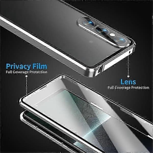 Xperia 1 V Magnetfodral - Metallram Härdat Glas Framsida, Klar PC Baksida, Skydd & Stil Silver