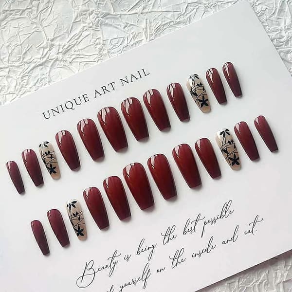 Long False Nails Red Acrylic Nails Coffin Shaped Fake Nails with Autumn Design Full Cover 24 Pcs/Set