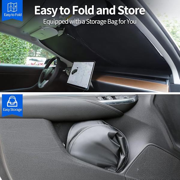 Foldable Sunshade for Tesla Model 3/Y (2025 Update) - Front Windshield, Double Layer Opaque Fabric, with Storage Bag