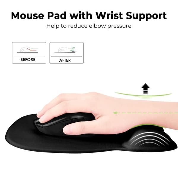 Musemåtte med memory foam-hvile, 4 mm ergonomisk musemåtte, musemåtte med håndledsstøtte og skridsikker gummibase, ultratynd slidstærk, sort