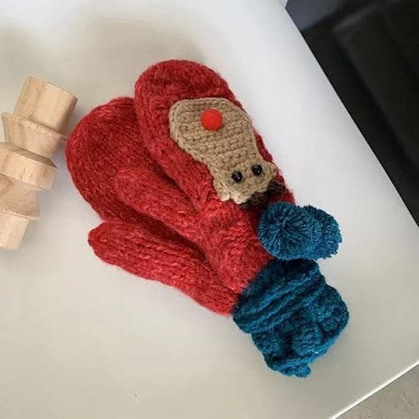 Stickade konvertibla pekskärmsvinterhandskar för kvinnor, fingerlösa vantar, 3D renröd