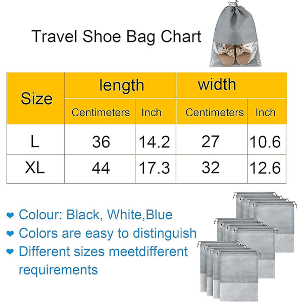 Erittäin suuret kenkäpussit läpinäkyvällä ikkunalla - 12 kappaleen setti, vedenpitävät kannettavat matkatavarapussit miehille ja naisille 17,3 x 12,6 tuumaa harmaa
