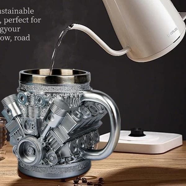 Kaffekrus i rustfrit stål med motordesign, 425 ml isoleret tekrus til bilentusiaster