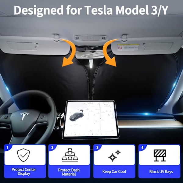 Foldable Sunshade for Tesla Model 3/Y (2025 Update) - Front Windshield, Double Layer Opaque Fabric, with Storage Bag