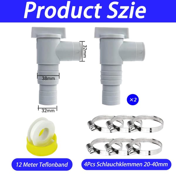 set med 2 poolavstängningsventiler (32 mm till 38 mm), adapter för poolslang