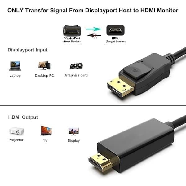 DisplayPort til HDMI 1,8 m guldbelagt kabel, Avacon Display Port til HDMI-adapter han til han sort
