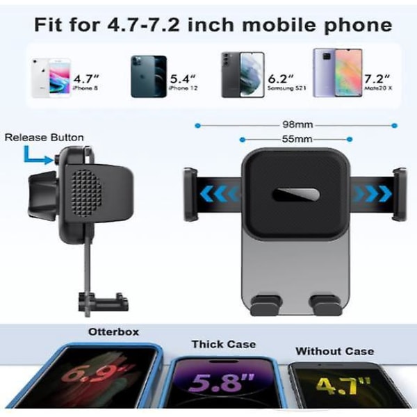 Grå bilgitter Ventilationstelefonholder - Forbedret 360 rotation og knapudløsning - Kompatibel med iPhone 14 Pro Max og 4-7 tommer smartphones